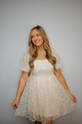 Sequined Lace Mesh Bubble Sleeve Dress